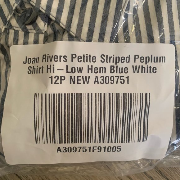 NWT JOAN RIVERS STRIPED PEPLUM SHIRT HI-LOW HEM BLUE & WHITE 12P (PETITE) - Picture 8 of 9